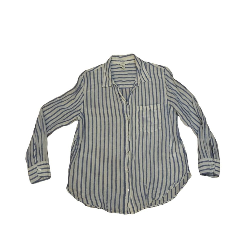 H & M Medium linen white & blue striped Button up Collar Shirt Top light